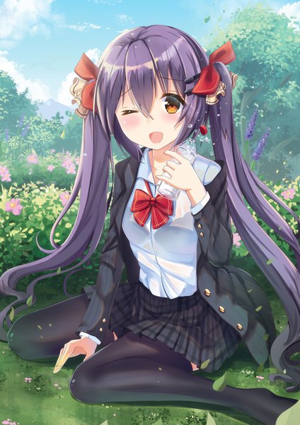 Anime picture 2315x3274 with original moe2019 holmemee single long hair tall image looking at viewer blush fringe highres breasts open mouth light erotic smile hair between eyes sitting twintails holding payot sky