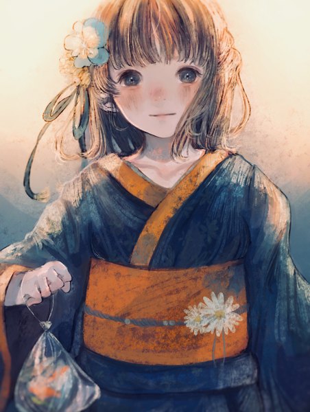 Anime picture 1346x1785 with original orie h single tall image looking at viewer blush fringe short hair blue eyes simple background brown hair holding upper body blunt bangs traditional clothes japanese clothes hair flower light smile wide sleeves gradient background