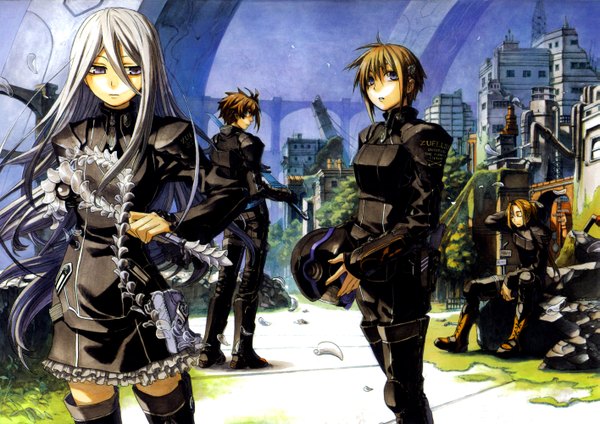 Anime picture 2829x2000 with chrome shelled regios felli loss layfon alseif nina antalk sharnid elipton miyuu long hair looking at viewer fringe highres short hair blue eyes blonde hair hair between eyes brown hair standing sitting purple eyes multiple girls payot