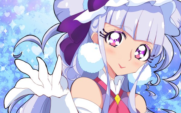 Anime picture 1920x1200 with precure hugtto! precure toei animation ruru amour haru (nature life) single long hair looking at viewer blush fringe highres purple eyes purple hair upper body light smile outstretched hand magical girl girl gloves earrings
