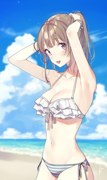Anime picture 1330x2236 with original aiko (aiko 54) single long hair tall image looking at viewer breasts open mouth brown hair large breasts purple eyes signed sky cloud (clouds) ponytail groin adjusting hair horizon girl swimsuit