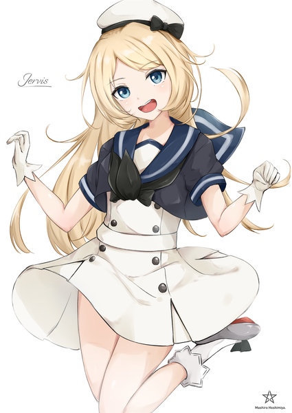 Anime-Bild 1062x1500 mit kantai collection jervis (kantai collection) hoshimiya mashiro single long hair tall image looking at viewer open mouth blue eyes simple background blonde hair smile white background signed bent knee (knees) :d teeth short sleeves character names logo