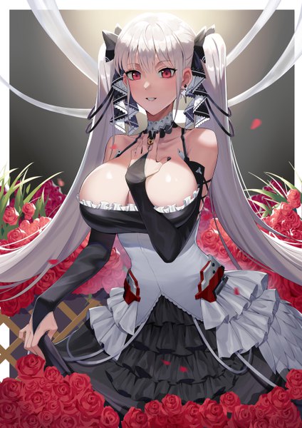 Anime picture 4134x5846 with azur lane formidable (azur lane) nori tamahana single tall image looking at viewer blush highres breasts simple background smile red eyes large breasts standing twintails bare shoulders payot absurdres cleavage very long hair