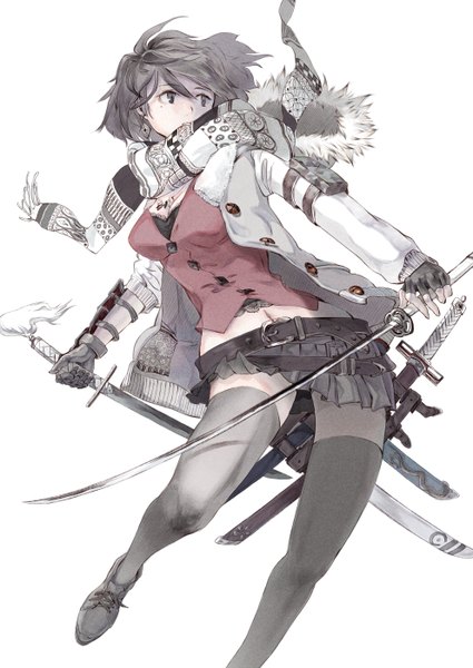 Anime picture 992x1402 with original miso ni single tall image short hair black hair simple background white background looking away black eyes mole mole under eye girl thighhighs gloves weapon black thighhighs earrings miniskirt sword