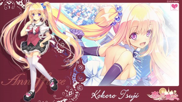 Anime picture 1280x720 with koisaku to ni ai no yakusoku wo long hair blonde hair wide image purple eyes twintails game cg girl thighhighs uniform school uniform white thighhighs