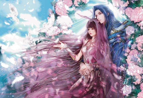 Anime picture 2550x1749 with douluo continent xiao wu tang san lan yin cao bianzhi de jiezhi fringe highres blue eyes brown hair standing brown eyes signed animal ears blue hair looking away sky cloud (clouds) outdoors blunt bangs very long hair wind