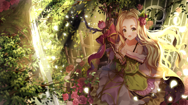 Anime picture 7000x3938 with teria saga nina (teria saga) lium single long hair looking at viewer blush highres open mouth blonde hair wide image sitting bare shoulders yellow eyes absurdres outdoors :d hair flower wind sunlight