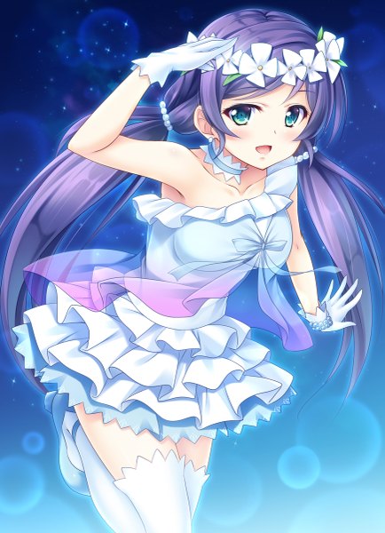 Anime picture 869x1200 with love live! school idol project sunrise (studio) love live! toujou nozomi yuurei yashiki single long hair tall image looking at viewer blush open mouth blue eyes purple hair girl thighhighs dress gloves white thighhighs white gloves sundress