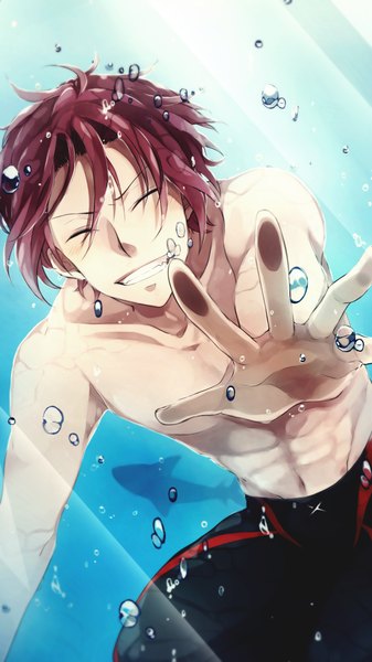 Anime picture 1200x2133 with free! kyoto animation matsuoka rin mukkun tall image blush short hair smile brown hair eyes closed teeth outstretched arm underwater silhouette shirtless boy navel bubble (bubbles) fish (fishes) shark
