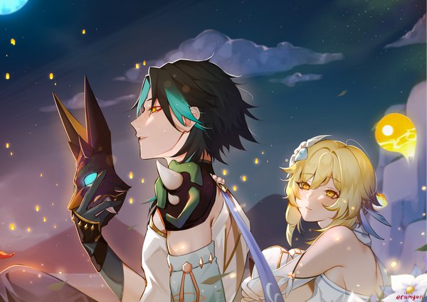 Anime picture 3035x2150 with genshin impact lumine (genshin impact) xiao (genshin impact) seelie (genshin impact) emily-ebarrola fringe highres short hair black hair blonde hair hair between eyes sitting holding yellow eyes looking away absurdres cloud (clouds) outdoors profile multicolored hair