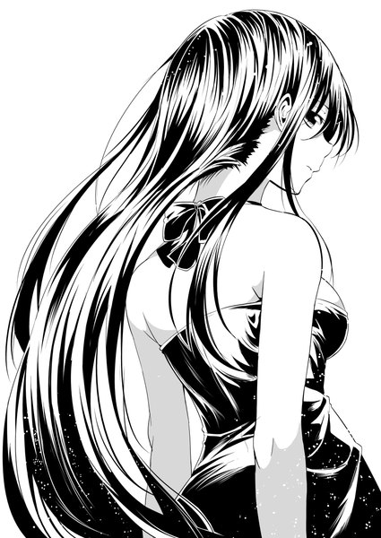 Anime picture 859x1214 with original nishigori atsushi single long hair tall image breasts black hair simple background smile white background bare shoulders looking back black eyes monochrome girl dress bow