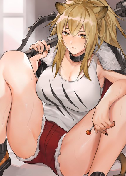 Anime picture 1500x2100 with arknights siege (arknights) muunai single long hair tall image looking at viewer fringe breasts light erotic blonde hair hair between eyes large breasts sitting holding animal ears yellow eyes payot cleavage ponytail