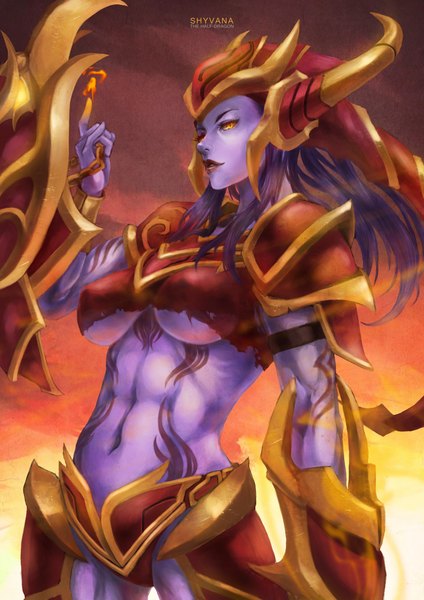 Anime picture 7515x10630 with league of legends shyvana (league of legends) monori rogue single long hair tall image highres breasts light erotic yellow eyes absurdres purple hair profile tattoo erect nipples covered nipples incredibly absurdres girl navel armor
