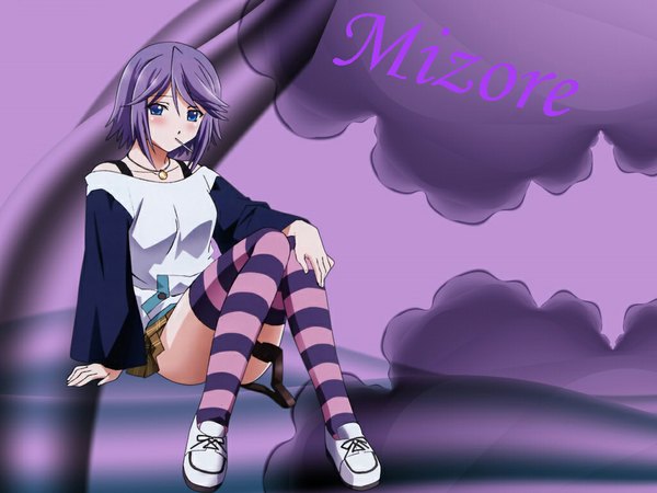 Anime picture 1024x768 with rosario+vampire shirayuki mizore blush short hair blue eyes purple hair mouth hold girl thighhighs striped thighhighs locket