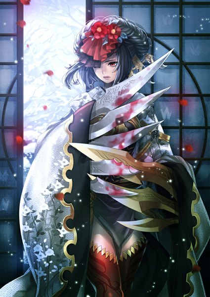 Anime picture 708x1000 with original coga single long hair tall image black hair red eyes looking away traditional clothes floral print girl thighhighs hair ornament weapon petals blood sliding doors japanese house shouji
