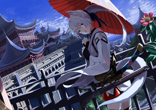 Anime picture 2508x1771 with original mikisai single long hair looking at viewer fringe highres open mouth hair between eyes standing holding green eyes animal ears sky silver hair cloud (clouds) outdoors ponytail tail long sleeves