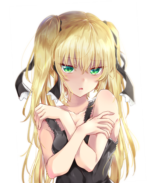 Anime picture 694x818 with shaman king xebec marion phauna tetsu tissue single long hair tall image looking at viewer blush fringe simple background blonde hair hair between eyes white background twintails bare shoulders green eyes payot upper body fingernails