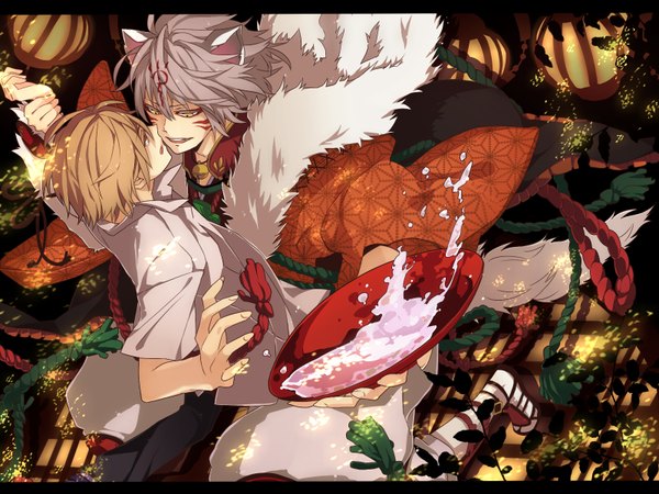 Anime picture 1600x1200 with natsume yuujinchou brains base (studio) natsume takashi madara (nyanko-sensei) asasumiboochan short hair brown hair animal ears yellow eyes silver hair traditional clothes multiple boys tattoo fox ears holding hands fox tail face to face shounen ai asa no ha (pattern) boy