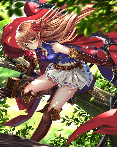 Anime picture 1141x1430 with shadowverse arisa (shadowverse) swordsouls single long hair tall image looking at viewer blush fringe smile hair between eyes brown hair holding bent knee (knees) pleated skirt wind pointy ears leaning leaning forward outstretched arm