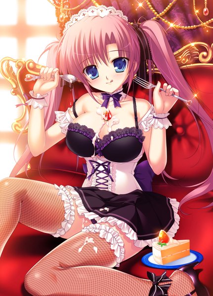 Anime picture 1133x1576 with original mikeou single long hair tall image looking at viewer blush blue eyes light erotic sitting twintails bare shoulders pink hair cleavage :p girl thighhighs skirt ribbon (ribbons) hair ribbon