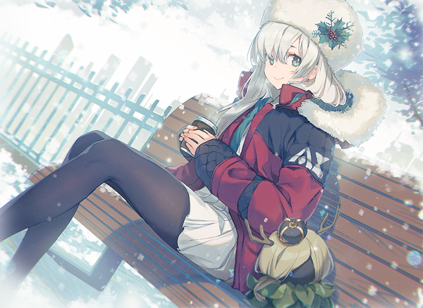 Anime picture 890x650 with fate (series) fate/grand order anastasia (fate) naguri single long hair looking at viewer blush fringe blue eyes smile hair between eyes sitting holding silver hair bent knee (knees) outdoors pleated skirt dutch angle fur trim