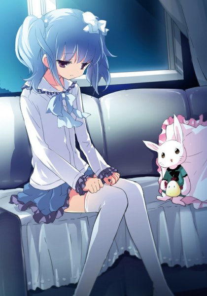 Anime picture 700x1000 with original chiyingzai single tall image short hair sitting purple eyes twintails blue hair short twintails girl thighhighs skirt bow hair bow white thighhighs toy stuffed animal