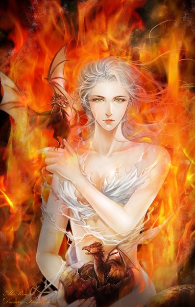 Anime picture 800x1254 with a song of ice and fire daenerys targaryen dk (pixiv) single long hair tall image looking at viewer bare shoulders green eyes white hair lips character names torn clothes fantasy girl dragon flame egg