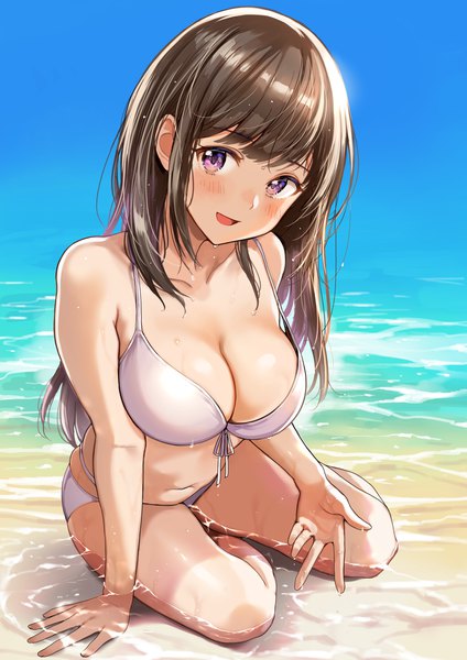 Anime picture 1419x2007 with original nishizawa single long hair tall image looking at viewer blush fringe breasts open mouth light erotic smile brown hair large breasts sitting purple eyes bare shoulders payot sky full body