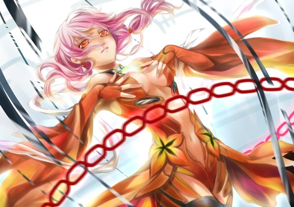 Anime picture 1400x990 with guilty crown production i.g yuzuriha inori kingchenxi single long hair breasts light erotic red eyes pink hair center opening girl navel bodysuit