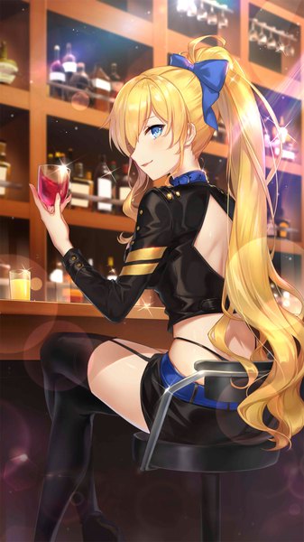 Anime picture 1152x2048 with girl cafe gun juno emmons (girl cafe gun) rokuwata tomoe single long hair tall image looking at viewer blush fringe breasts blue eyes light erotic blonde hair smile large breasts sitting holding payot ponytail indoors