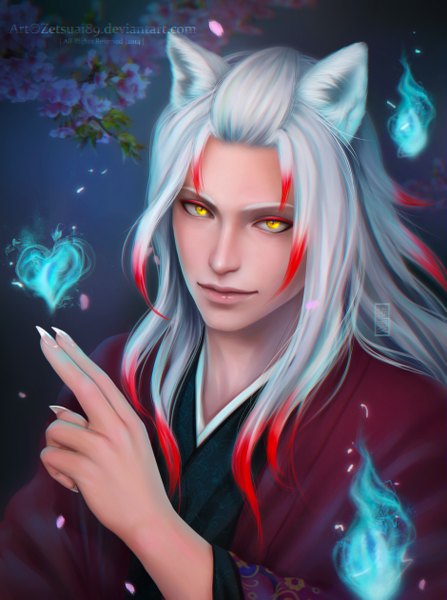 Anime picture 3756x5035 with original zetsuai89 single long hair tall image looking at viewer highres smile signed animal ears yellow eyes absurdres white hair red hair multicolored hair realistic two-tone hair cherry blossoms magic glowing