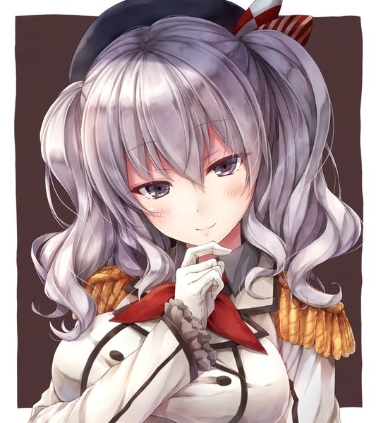 Anime picture 800x900 with kantai collection kashima training cruiser suien single long hair tall image looking at viewer blush silver hair light smile border outside border silver eyes brown background girl gloves uniform white gloves beret military uniform