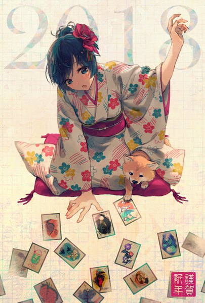 Anime picture 2630x3893 with original tentsuu (tentwo) single tall image highres short hair blue eyes black hair sitting traditional clothes japanese clothes arm up arm support floral print new year seiza 2018 girl hair ornament animal