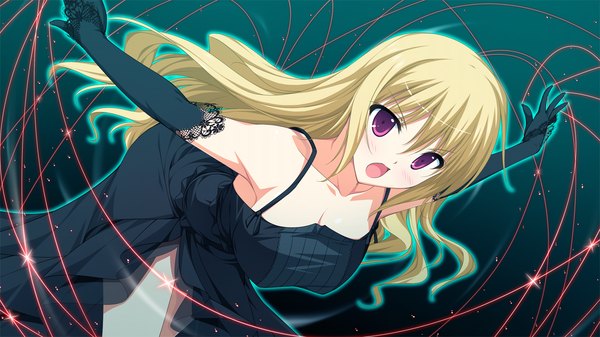 Anime picture 1280x720 with fortissimo//akkord:bsusvier (game) ooba kagerou long hair blush open mouth blonde hair red eyes wide image game cg girl dress gloves elbow gloves thread red thread