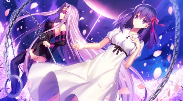 Anime picture 1544x854 with fate (series) fate/stay night matou sakura rider fuyuki (neigedhiver) long hair wide image standing purple eyes multiple girls purple hair very long hair profile wind cherry blossoms hand on chest forehead mark blindfold girl dress