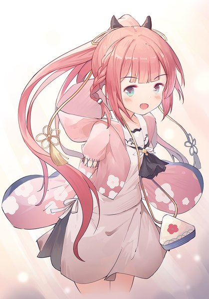 Anime picture 757x1083 with summer pockets key (studio) kamiyama shiki leilin single long hair tall image looking at viewer blush fringe open mouth simple background smile standing payot pink hair ponytail blunt bangs braid (braids) :d