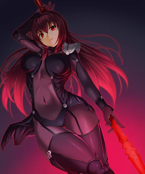 Anime picture 1500x1800 with fate (series) fate/grand order type-moon scathach (fate) (all) scathach (fate) emanon123 single long hair tall image looking at viewer fringe breasts light erotic simple background red eyes large breasts standing holding pink hair purple hair