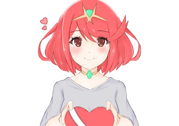 Anime picture 3583x2530 with xenoblade xenoblade 2 pyra (xenoblade) mxsoundtube single looking at viewer blush fringe highres short hair simple background smile hair between eyes red eyes white background holding payot absurdres upper body red hair