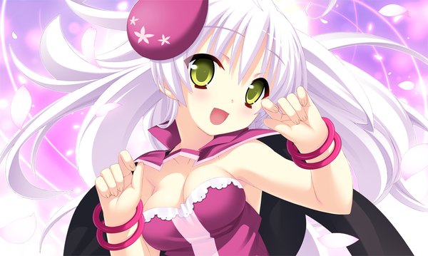 Anime-Bild 1024x614 mit twinkle crusaders twinkle crusaders -passion star stream- lullshare single long hair looking at viewer blush open mouth wide image green eyes game cg white hair girl petals bracelet cape