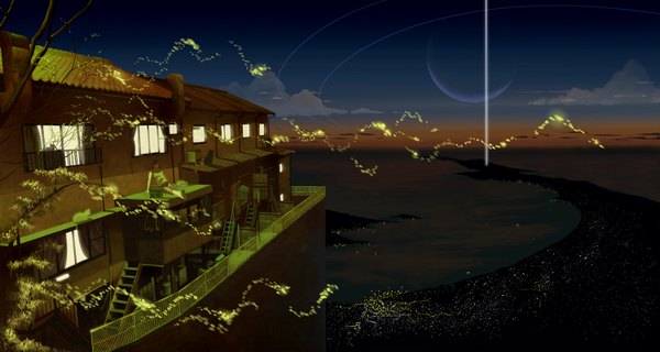 Anime picture 1500x802 with original shiira wide image sky cloud (clouds) night night sky city city lights panorama building (buildings)