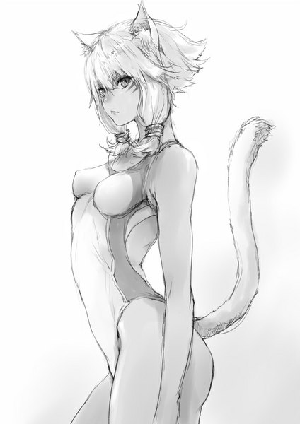 Anime picture 595x841 with final fantasy final fantasy xiv square enix miqo'te y'shtola rhul makimura shunsuke single tall image looking at viewer fringe short hair light erotic simple background standing twintails animal ears nipples tail animal tail profile