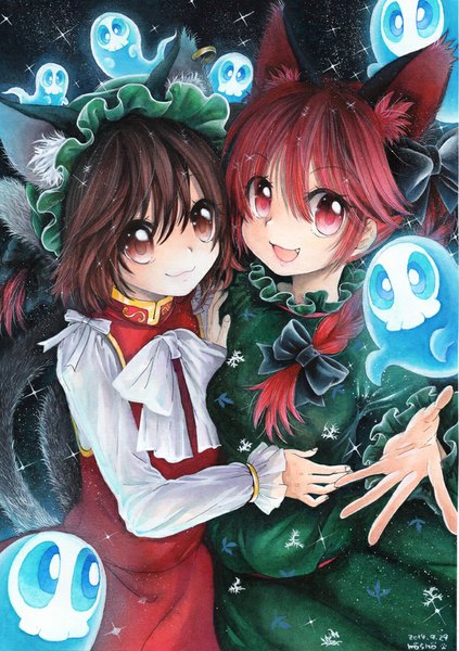 Anime picture 705x1000 with touhou kaenbyou rin chen mosho long hair tall image looking at viewer blush short hair open mouth smile red eyes brown hair multiple girls brown eyes signed animal ears red hair tail braid (braids)