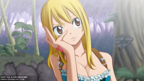 Anime picture 1280x720 with fairy tail lucy heartfilia ornav single long hair breasts light erotic blonde hair wide image brown eyes arm support tattoo coloring light girl dress plant (plants) tree (trees) mushroom (mushrooms)