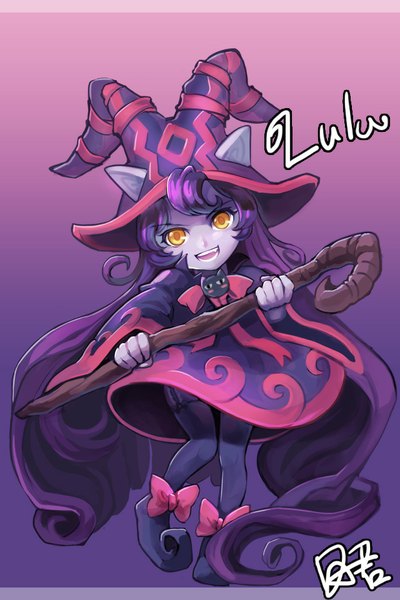 Anime picture 640x960 with league of legends lulu (league of legends) dakun87 (artist) single tall image looking at viewer smile animal ears yellow eyes purple hair very long hair purple skin girl thighhighs dress black thighhighs hat garter straps