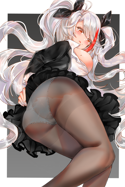 Anime picture 2000x3000 with azur lane prinz eugen (azur lane) yukineko1018 single long hair tall image looking at viewer blush highres breasts light erotic simple background smile large breasts payot silver hair ass pleated skirt multicolored hair grey background