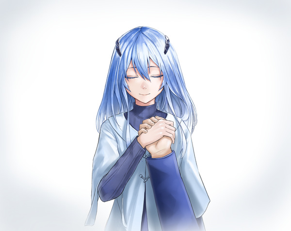 Anime picture 1920x1532 with beatless leicia whale (artist) long hair fringe highres simple background hair between eyes white background blue hair upper body eyes closed light smile gradient background holding hands pov girl hair ornament