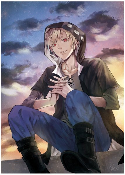 Anime picture 2551x3579 with kagerou project shaft (studio) kano shuuya fan ju single tall image looking at viewer fringe highres short hair blonde hair smile red eyes sitting signed sky cloud (clouds) from below evening sunset