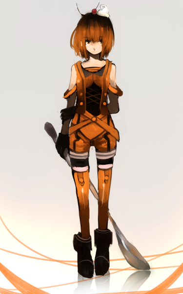 Anime picture 1200x1920 with tarbo (exxxpiation) single tall image looking at viewer fringe short hair black hair simple background smile standing bare shoulders multicolored hair orange hair grey background orange eyes gradient hair girl gloves detached sleeves black gloves
