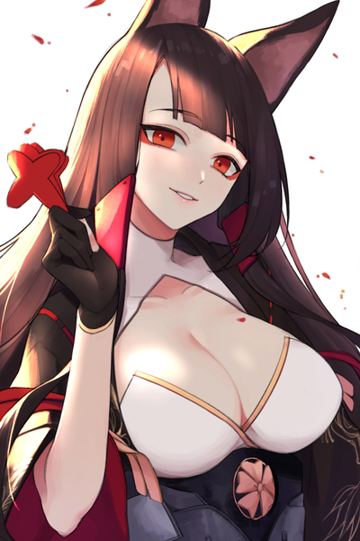 Anime picture 1128x1691 with azur lane akagi (azur lane) qb 516 single long hair tall image looking at viewer fringe breasts light erotic simple background red eyes brown hair large breasts white background animal ears cleavage upper body head tilt fox ears