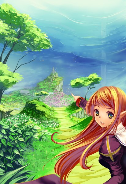 Anime picture 1500x2180 with ragnarok online priest (ragnarok online) miyazaki byou single long hair tall image open mouth green eyes sky cloud (clouds) orange hair pointing girl dress plant (plants) tree (trees) leaf (leaves)